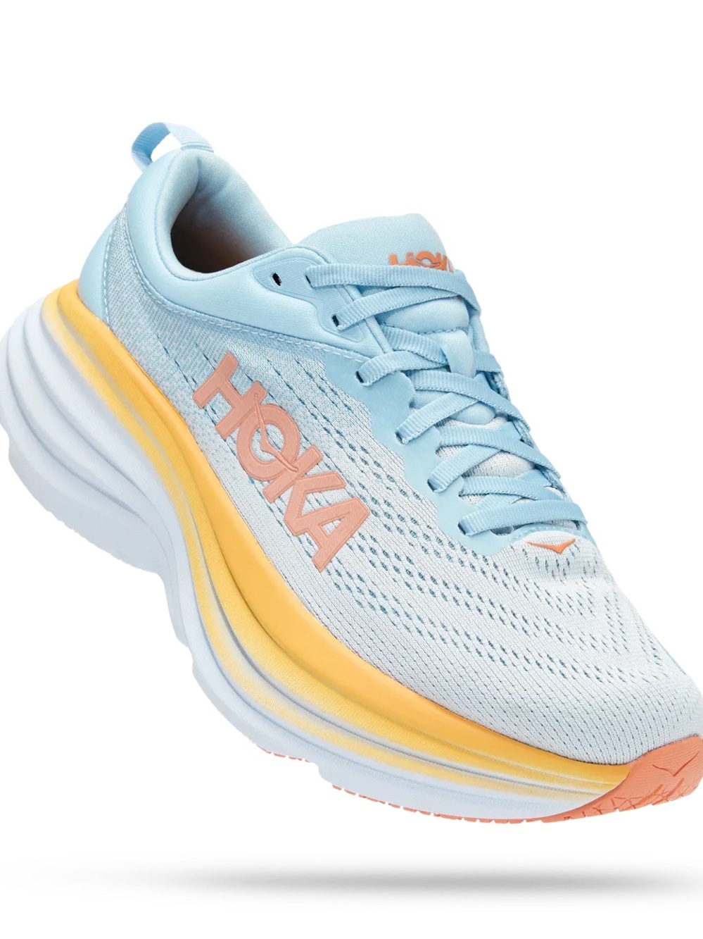 Hoka Women's Bondi 8 Sneaker in Light Blue with Peach and Yellow Accents